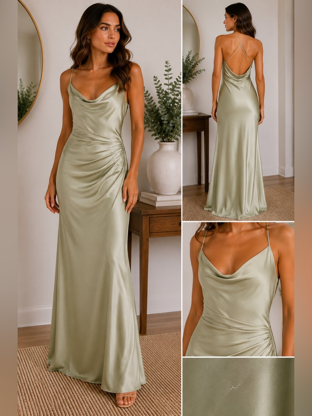 Katie May Ryder Sage Satin Cowl Neck Maxi Dress L
